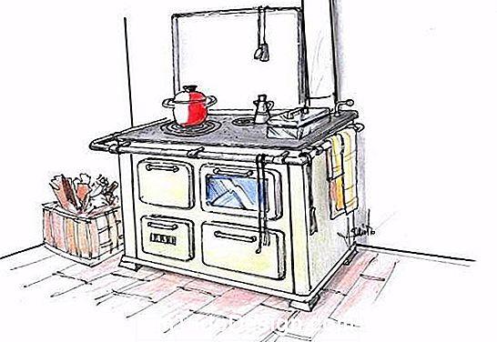 Vista em perspectiva de uma cozinha a lenha com um top de ferro fundido