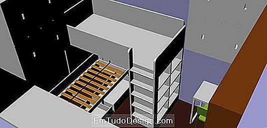 Detalle de la superposición de las dos camas y de la estructura de loft con estantería integrada.